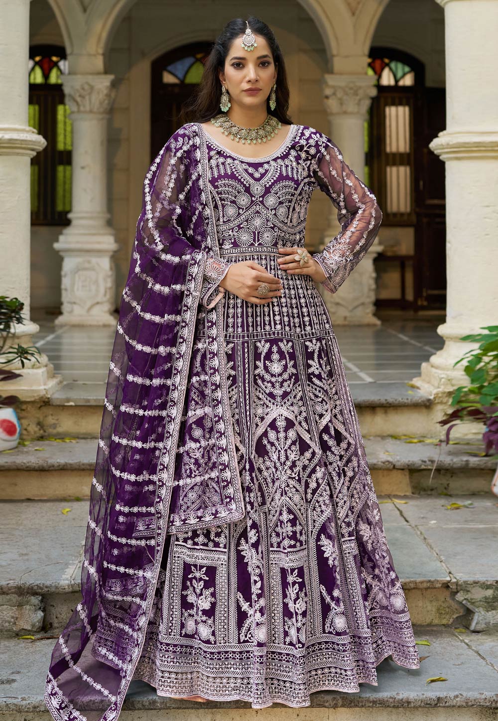 Wine Net Long Anarkali Suit 325307