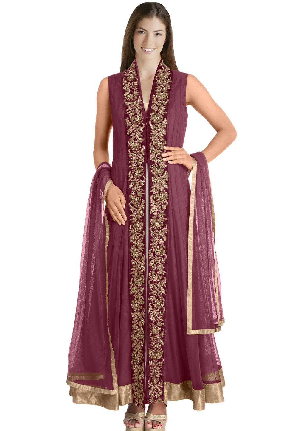 Wine Net Readymade Center Slit Anarkali Suit 321771
