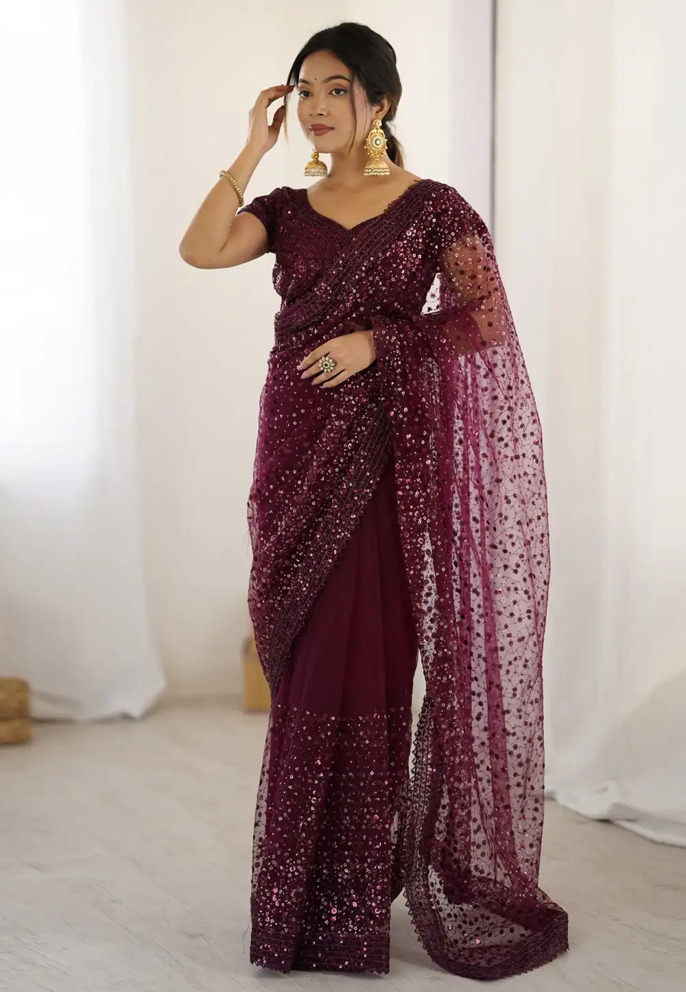 Wine Net Saree With Blouse 311356