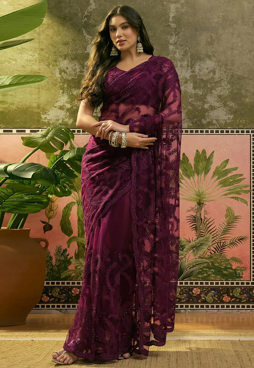Wine Net Saree With Blouse 331751
