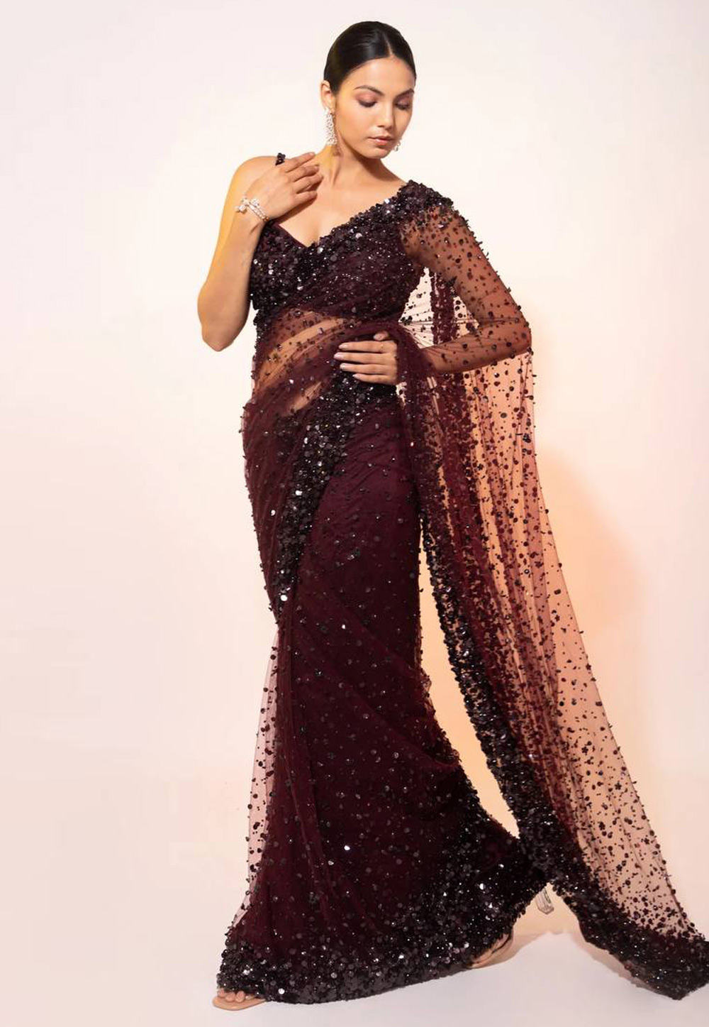 Wine Net Sequence Saree 320559
