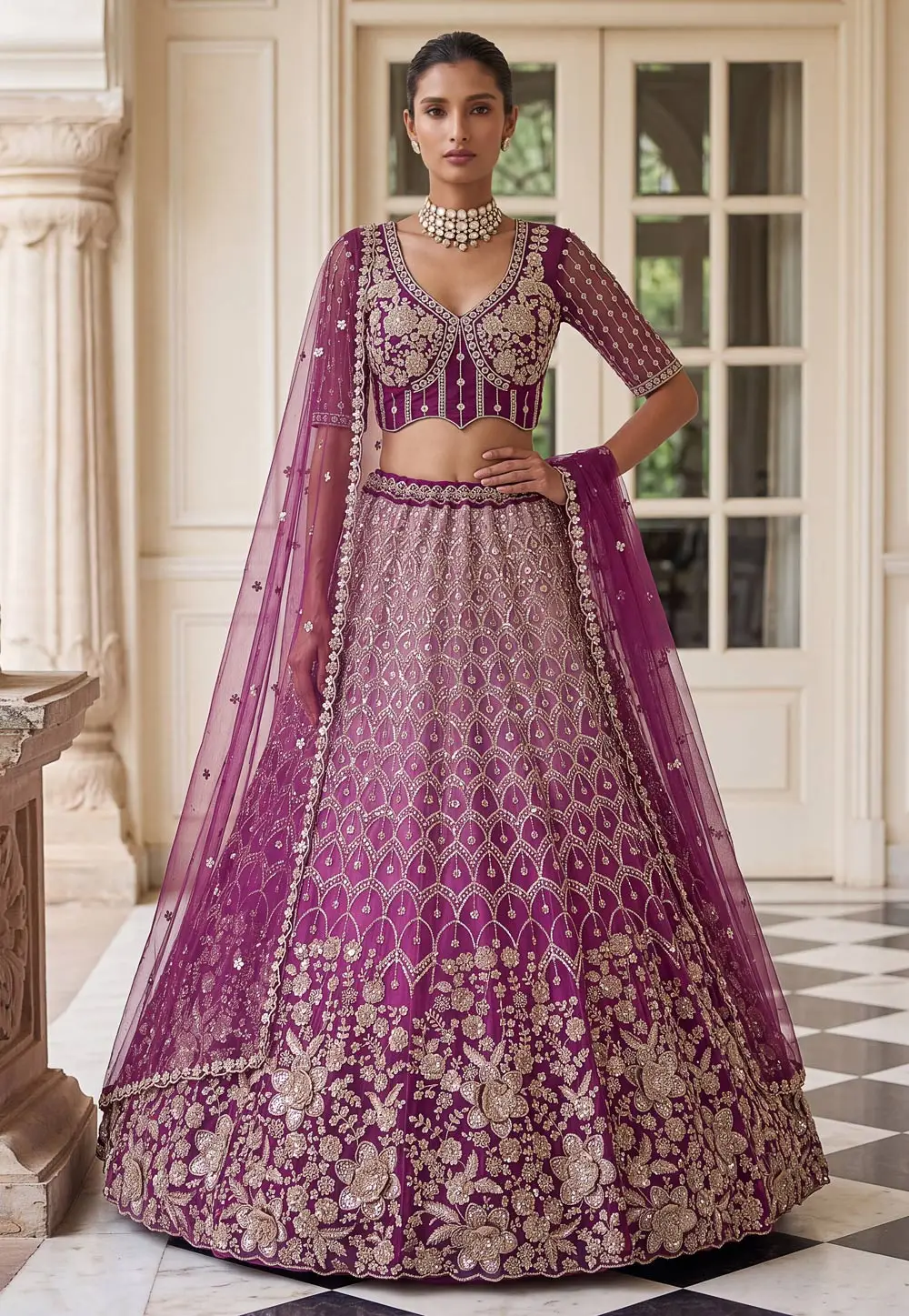 Wine Net Wedding Lehenga Choli 336108