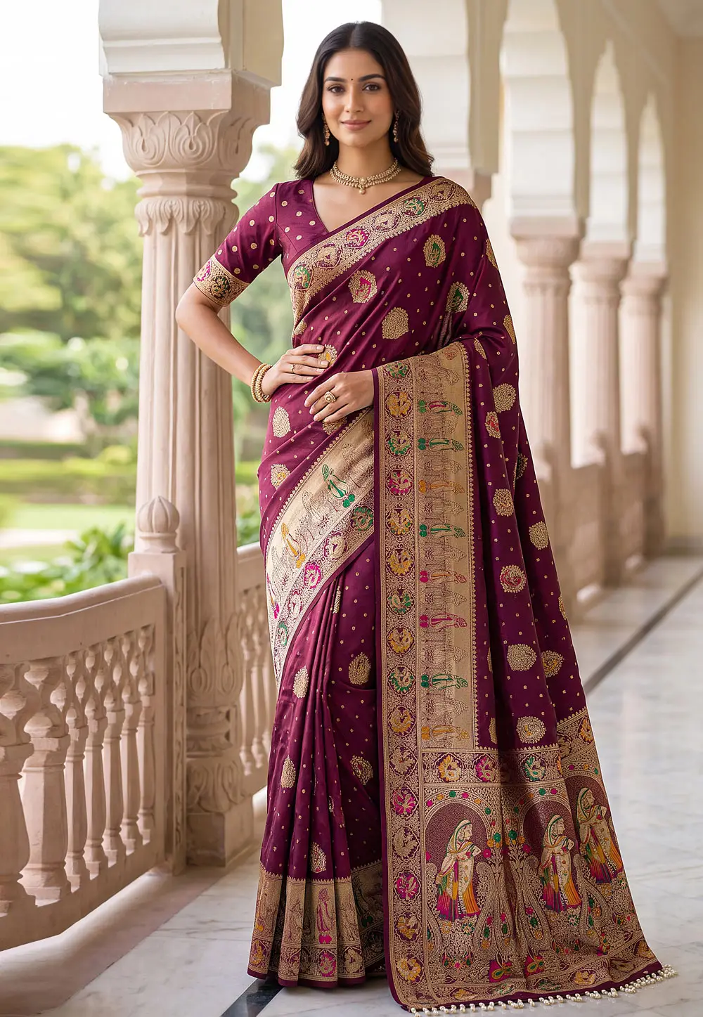 Wine Nylon Saree With Blouse 332136