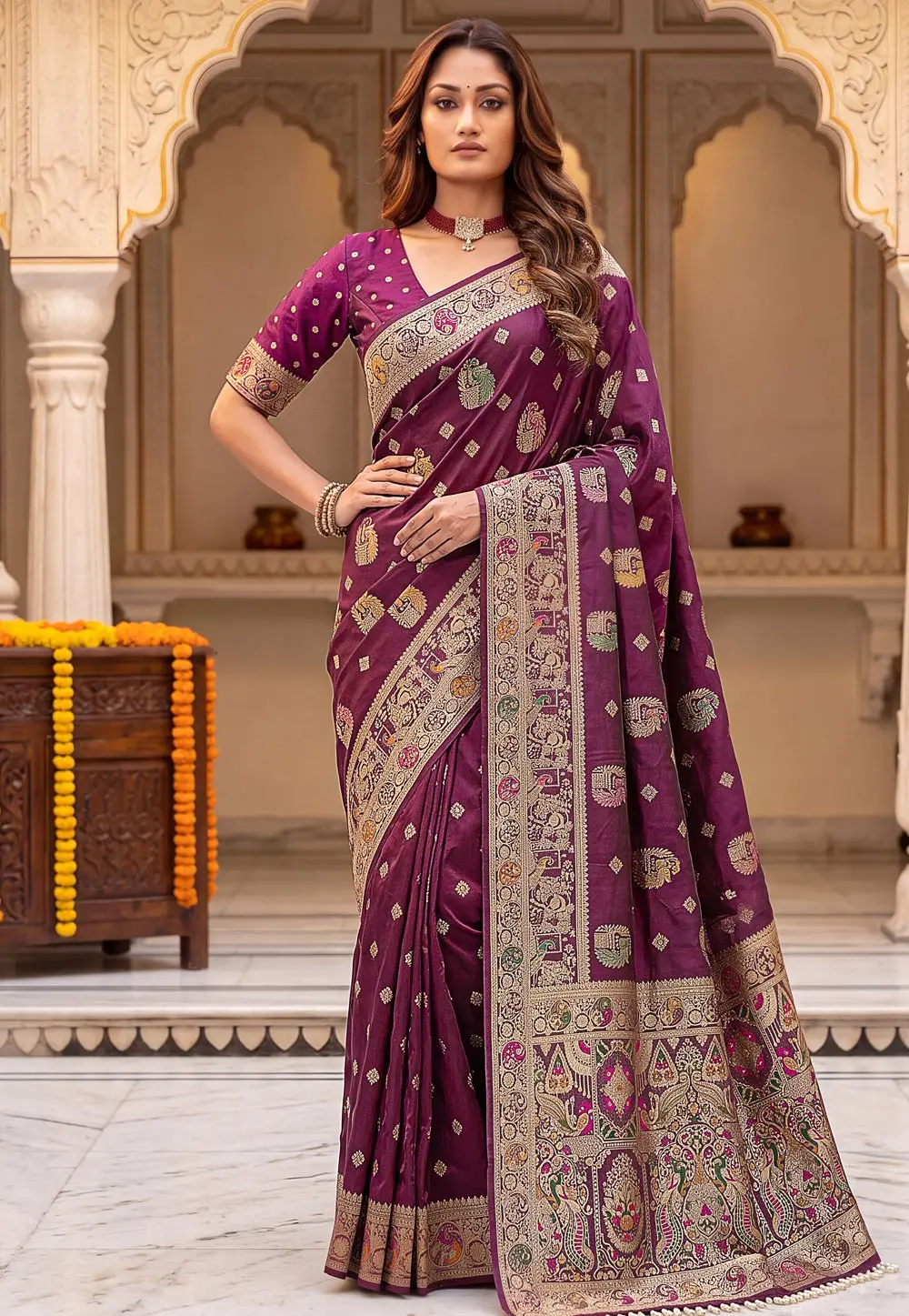 Wine Nylon Saree With Blouse 333597