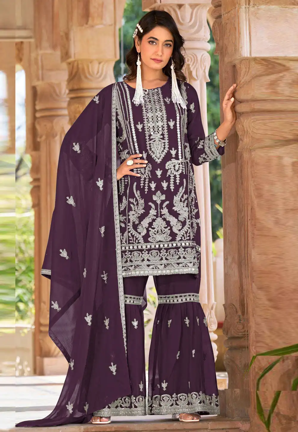 Wine Nylon Sharara Suit 315175