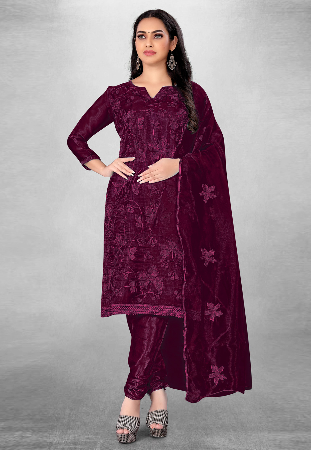 Wine Organza Churidar Suit 279288