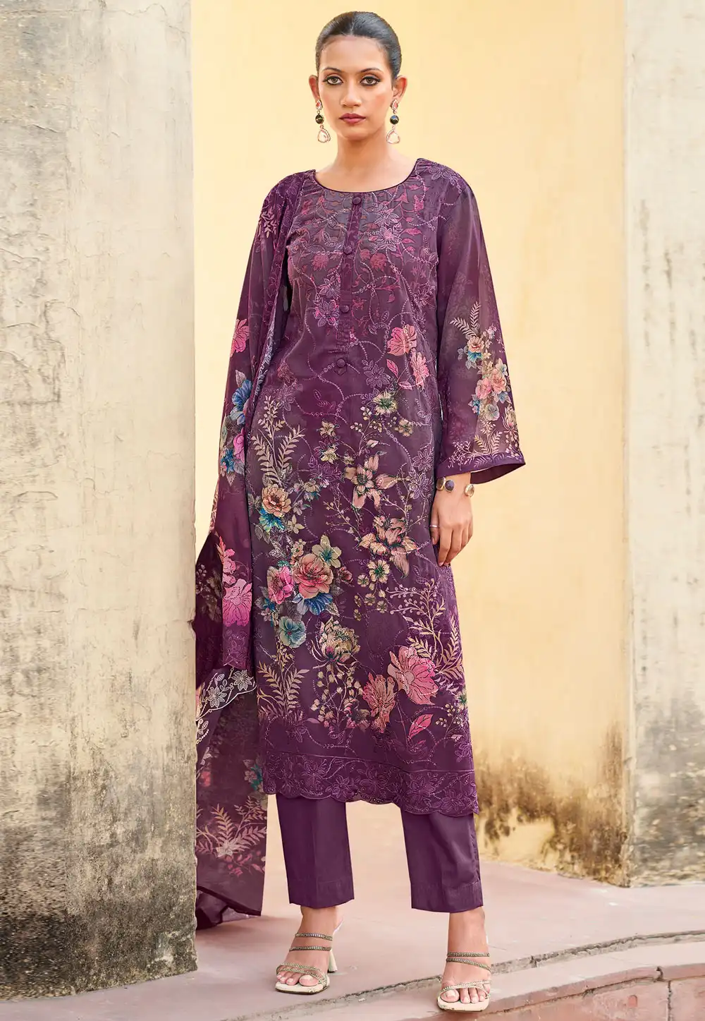 Wine Organza Pakistani Suit 313700