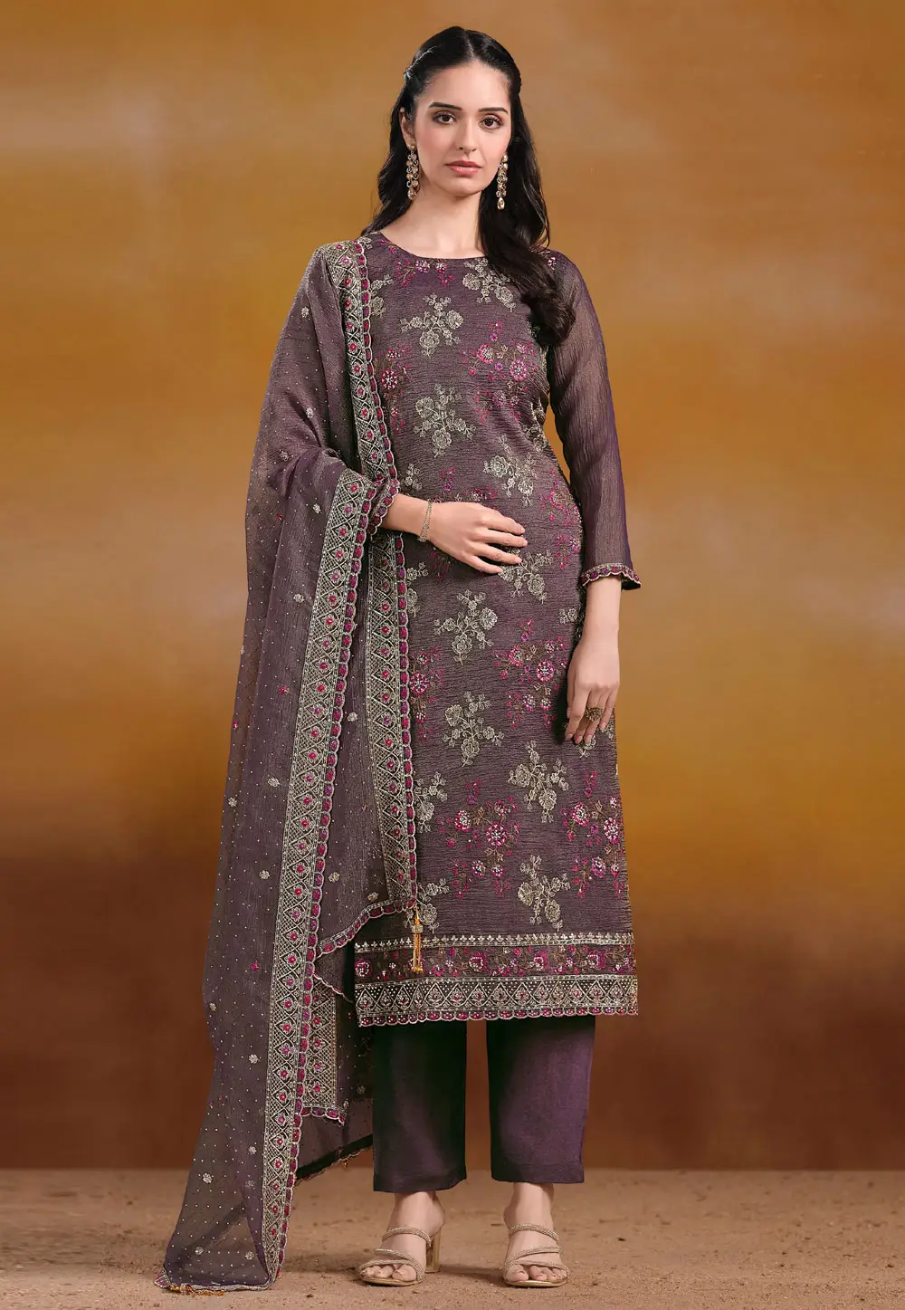 Wine Organza Pant Style Suit 336767
