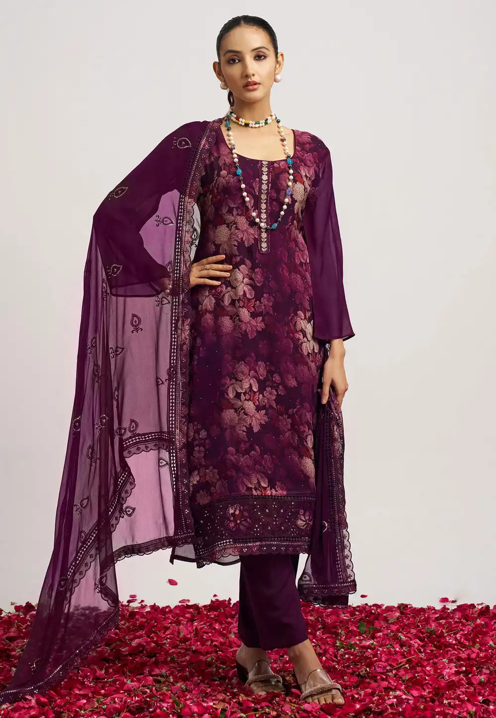 Wine Organza Readymade Pant Style Suit 316021