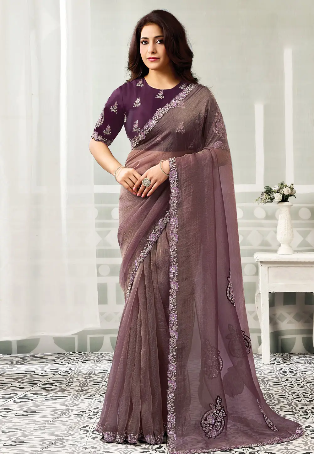 Wine Organza Saree With Blouse 334399