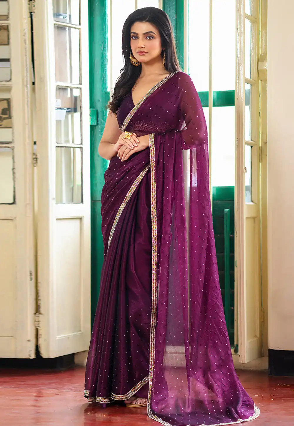 Wine Organza Saree With Blouse 319993