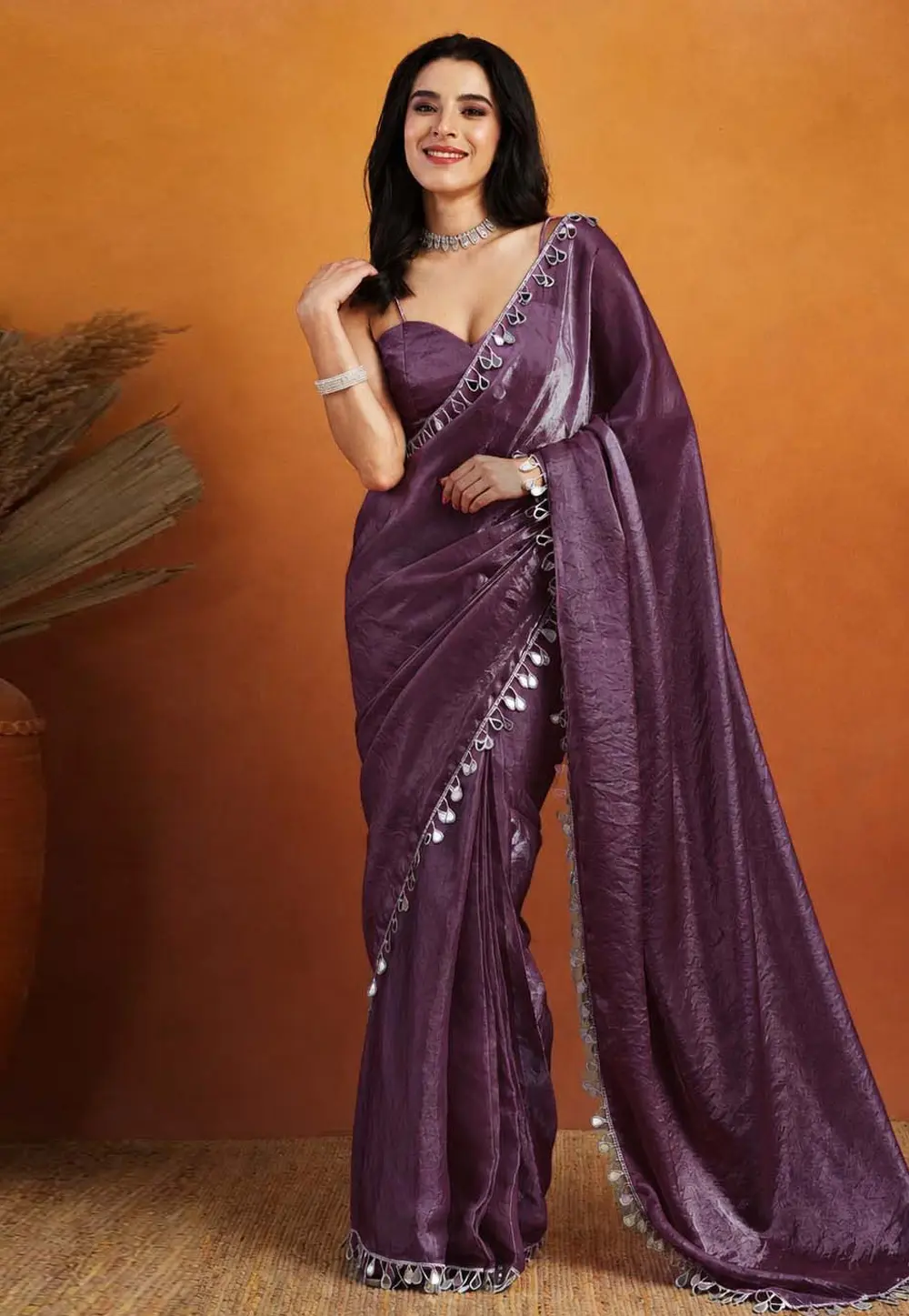 Wine Organza Saree With Blouse 331420