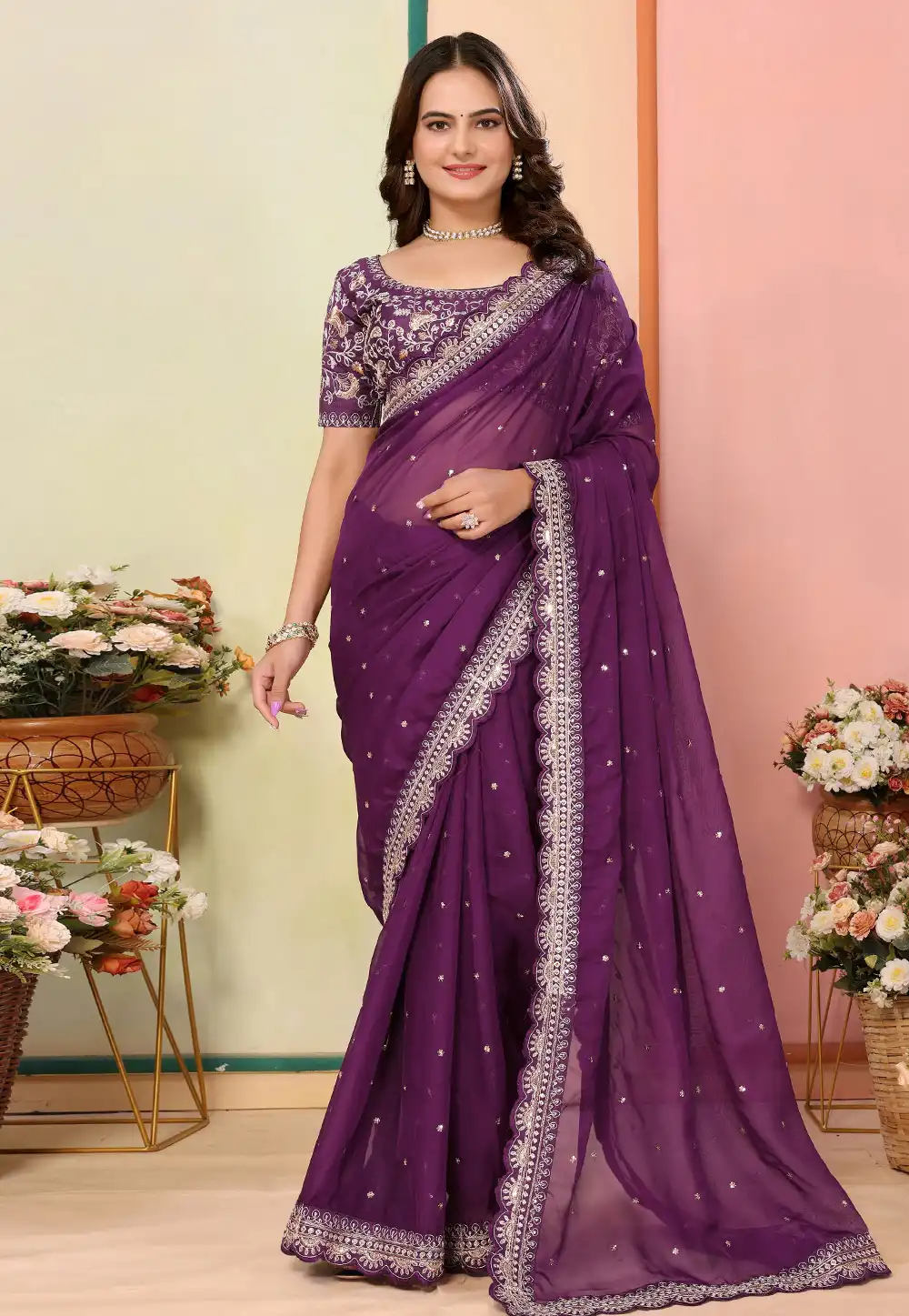 Wine Organza Saree With Blouse 312641
