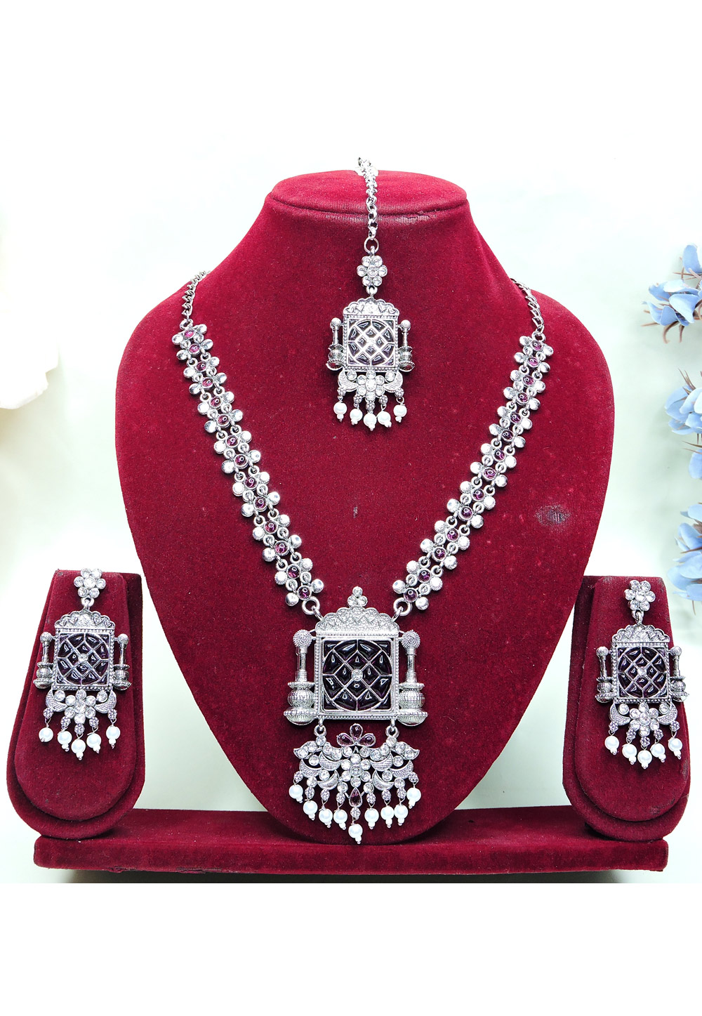 Wine Oxidised Navratri Necklace Set With Earrings and Maang Tikka 312762