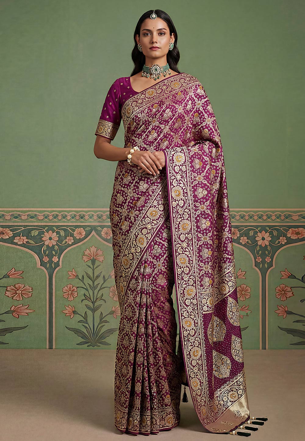Wine Pashmina Saree With Blouse 328851