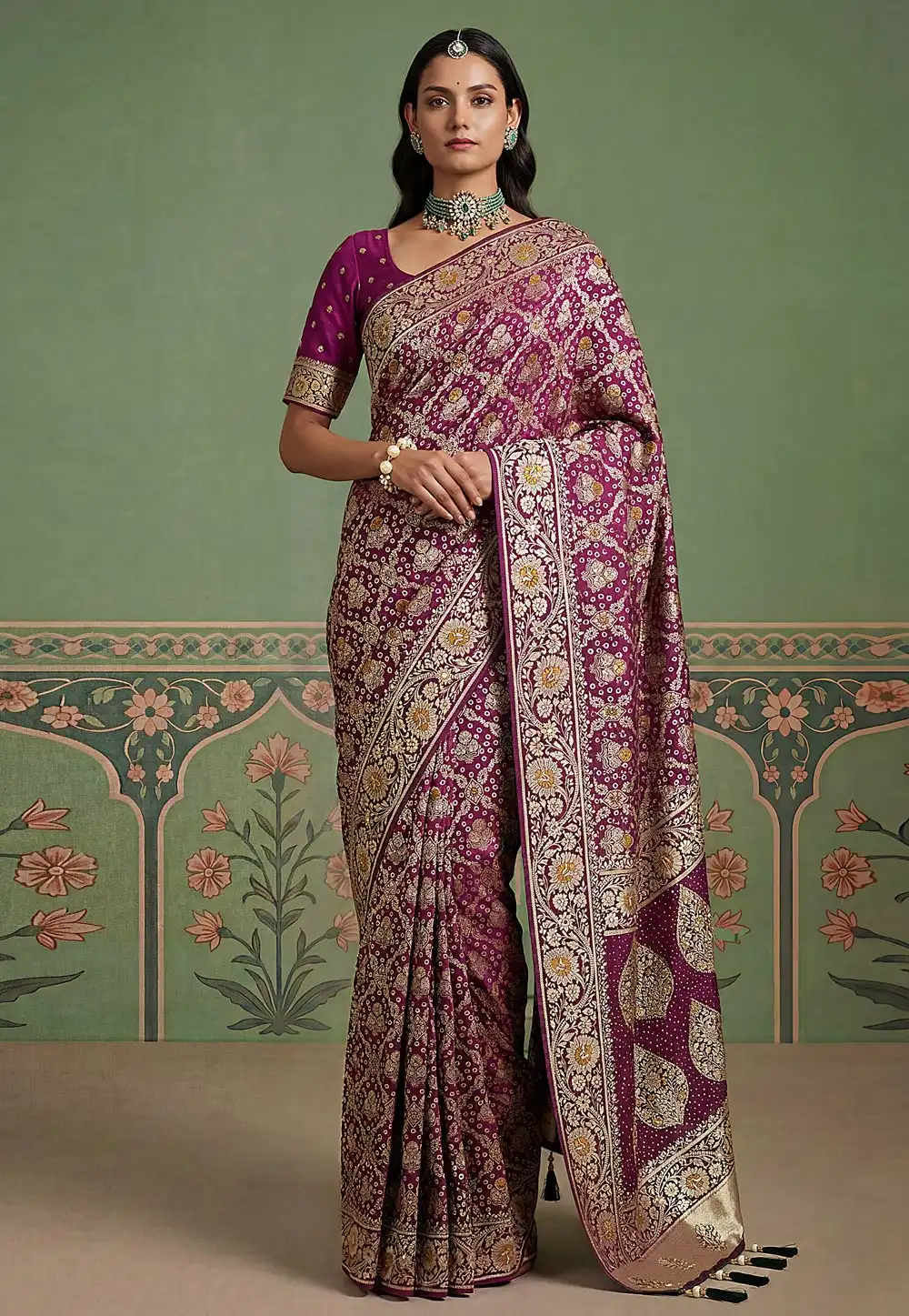Wine Pashmina Saree With Blouse 328851