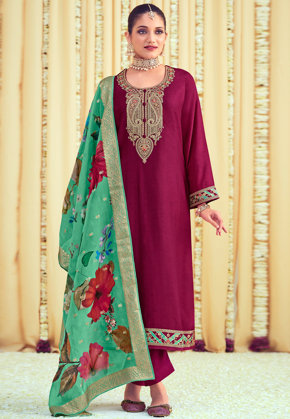Wine Raw Silk Pant Style Suit 310970