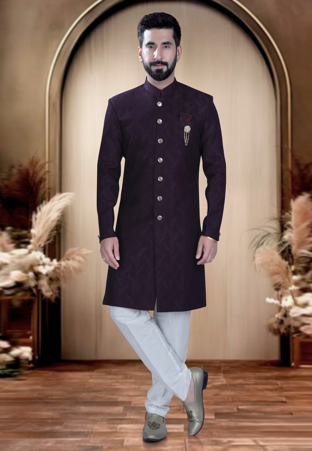 Wine Rayon Achkan Style Sherwani 319653