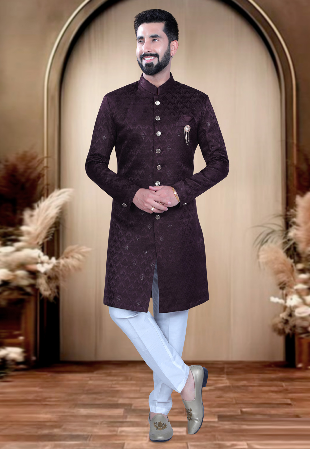 Wine Rayon Achkan Style Sherwani 319671