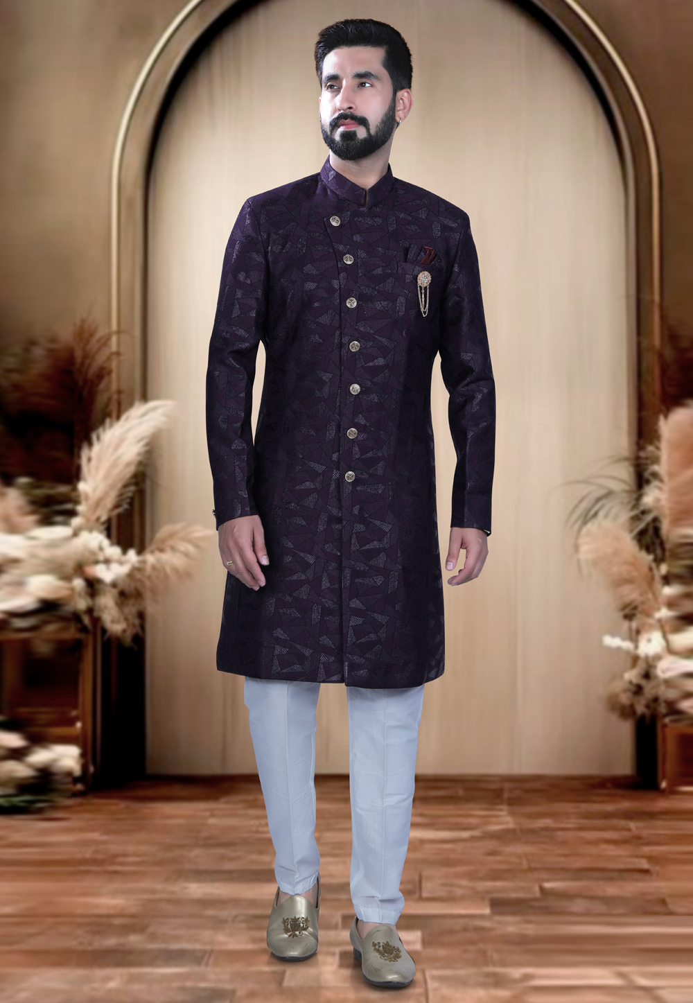 Wine Rayon Indo Western Sherwani 319668