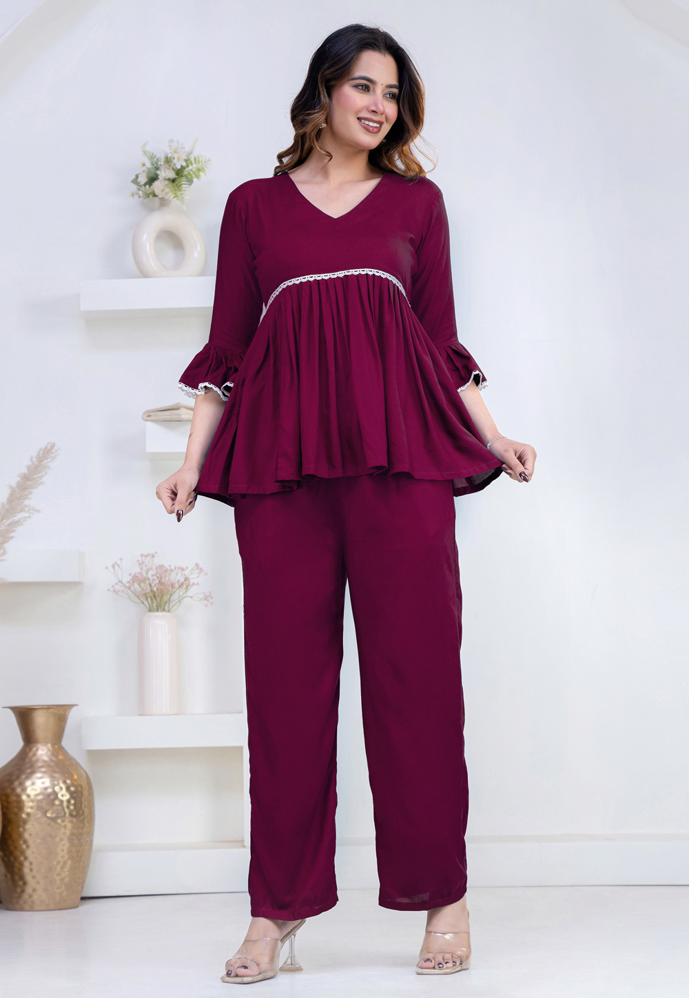 Wine Rayon Kurta Set With Palazzo 327285