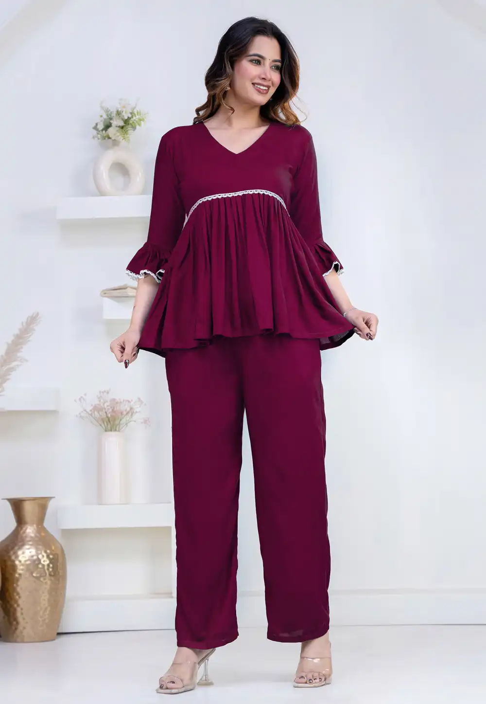 Wine Rayon Kurta Set With Palazzo 327285