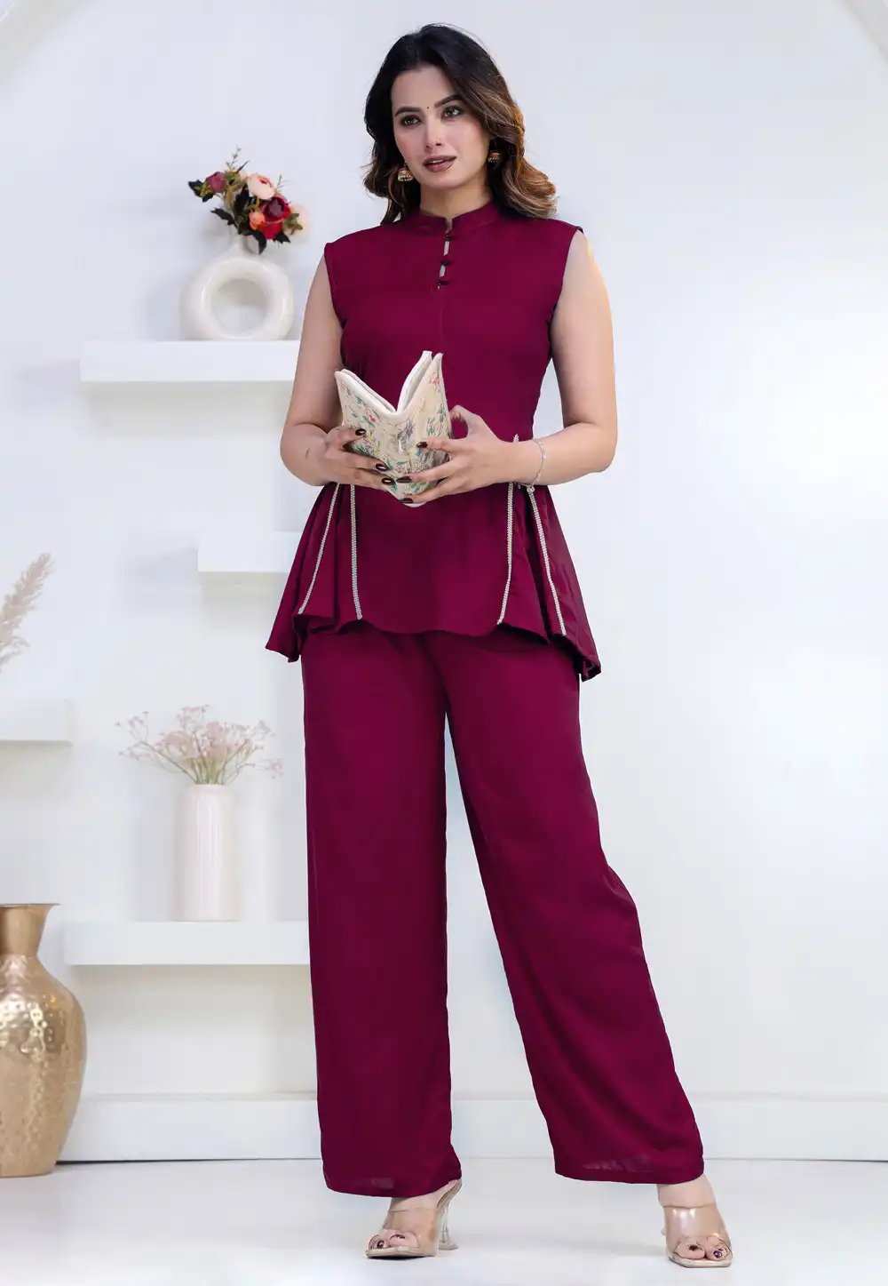 Wine Rayon Peplum Salwar Kameez 327299