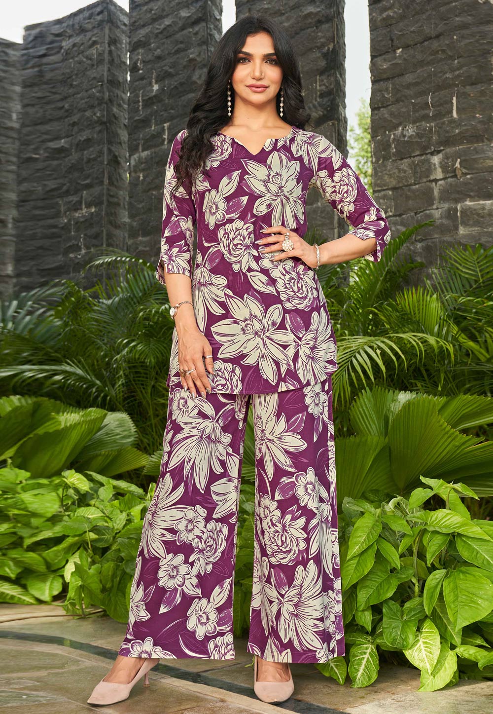 Wine Rayon Printed Co-Ords Set 328659