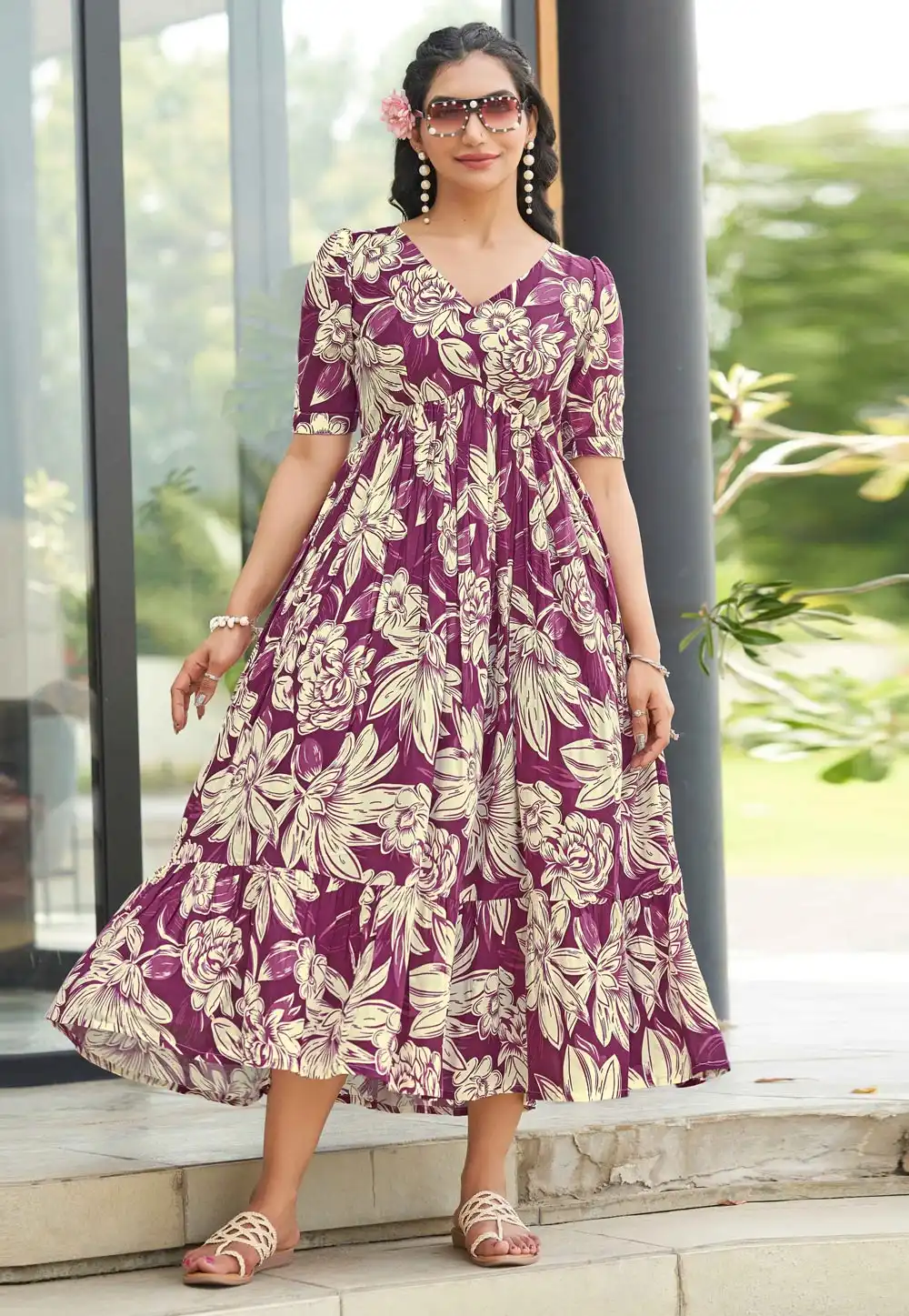 Wine Rayon Printed Gown 328654