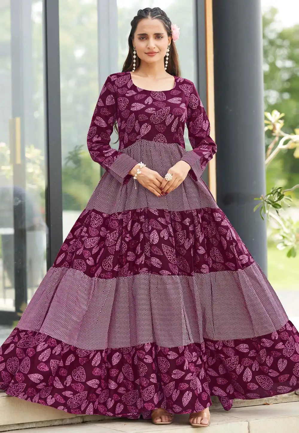 Wine Rayon Printed Gown 329077