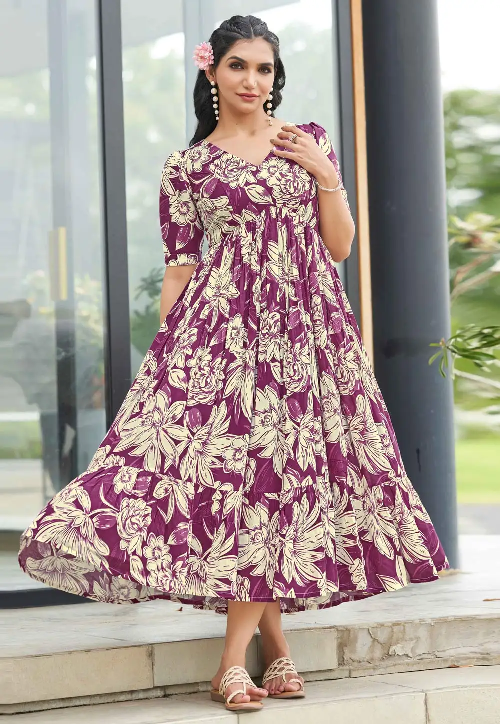 Wine Rayon Printed Gown 330870