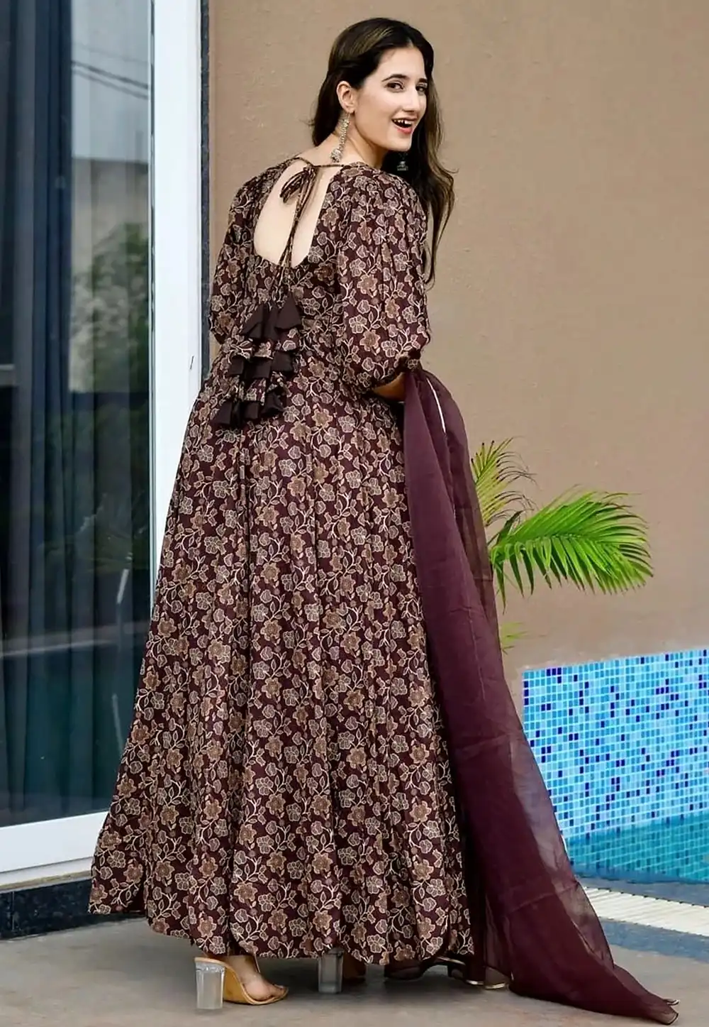 Wine Rayon Readymade Anarkali Suit 326077