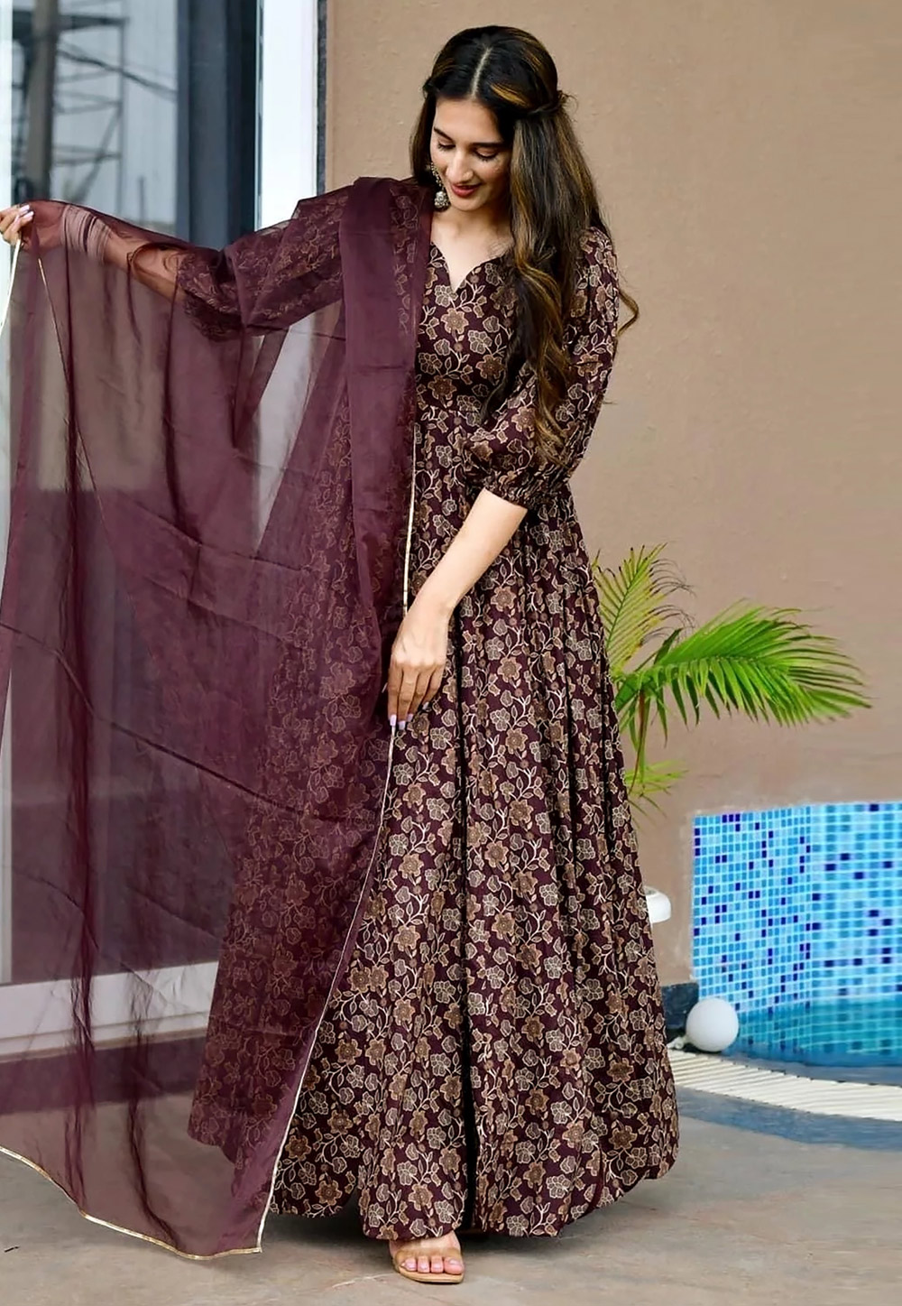 Wine Rayon Readymade Anarkali Suit 326077