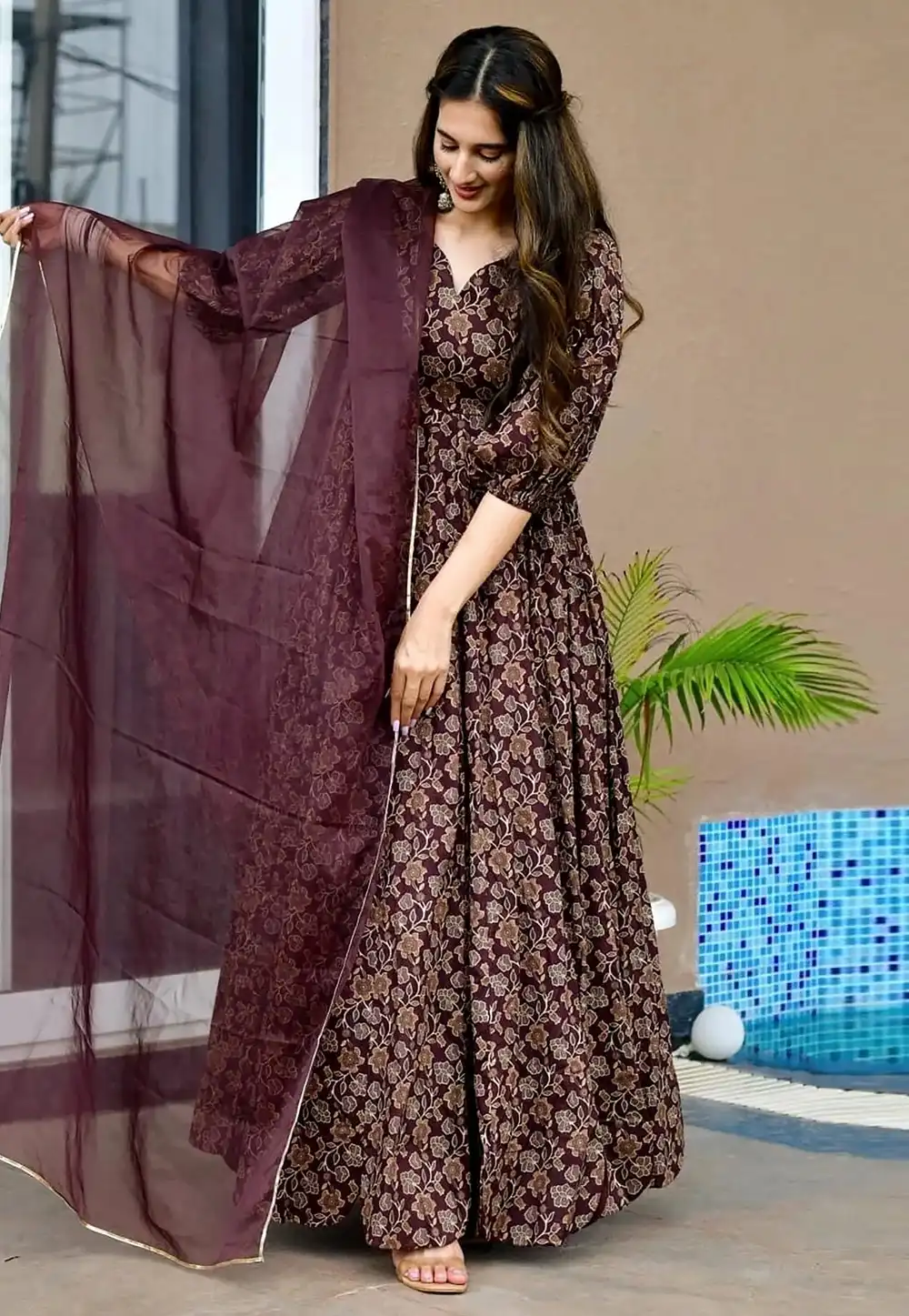 Wine Rayon Readymade Anarkali Suit 326077