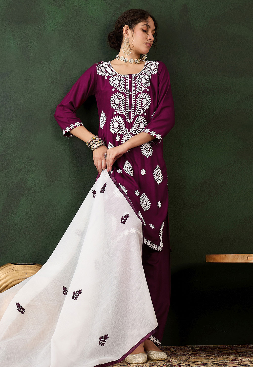 Wine Rayon Readymade Chikankari Suit 310593