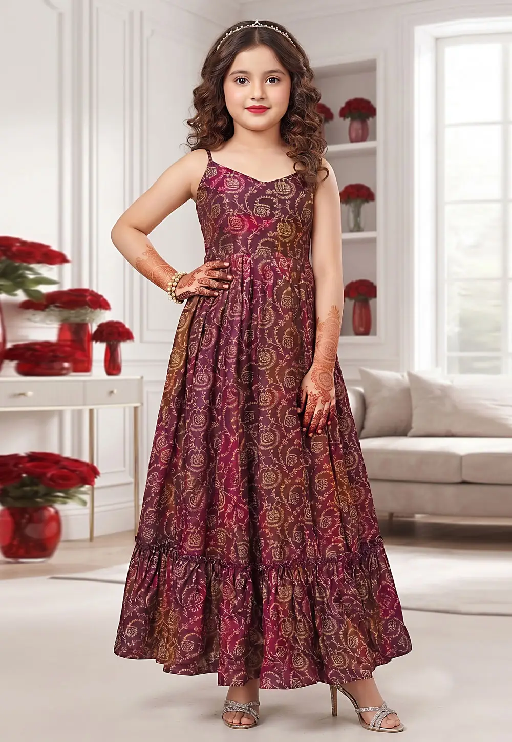 Wine Rayon Readymade Kids Gown 332561