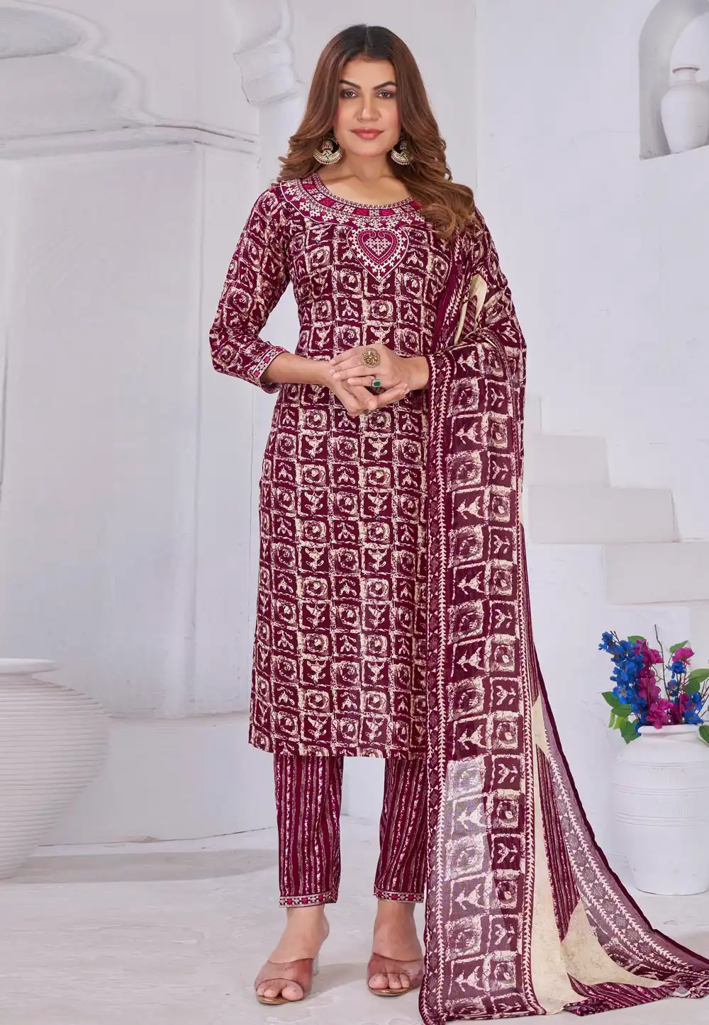 Wine Rayon Readymade Pakistani Suit 328118