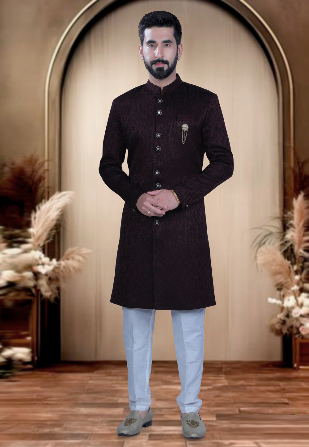 Wine Satin Achkan Style Sherwani 319685