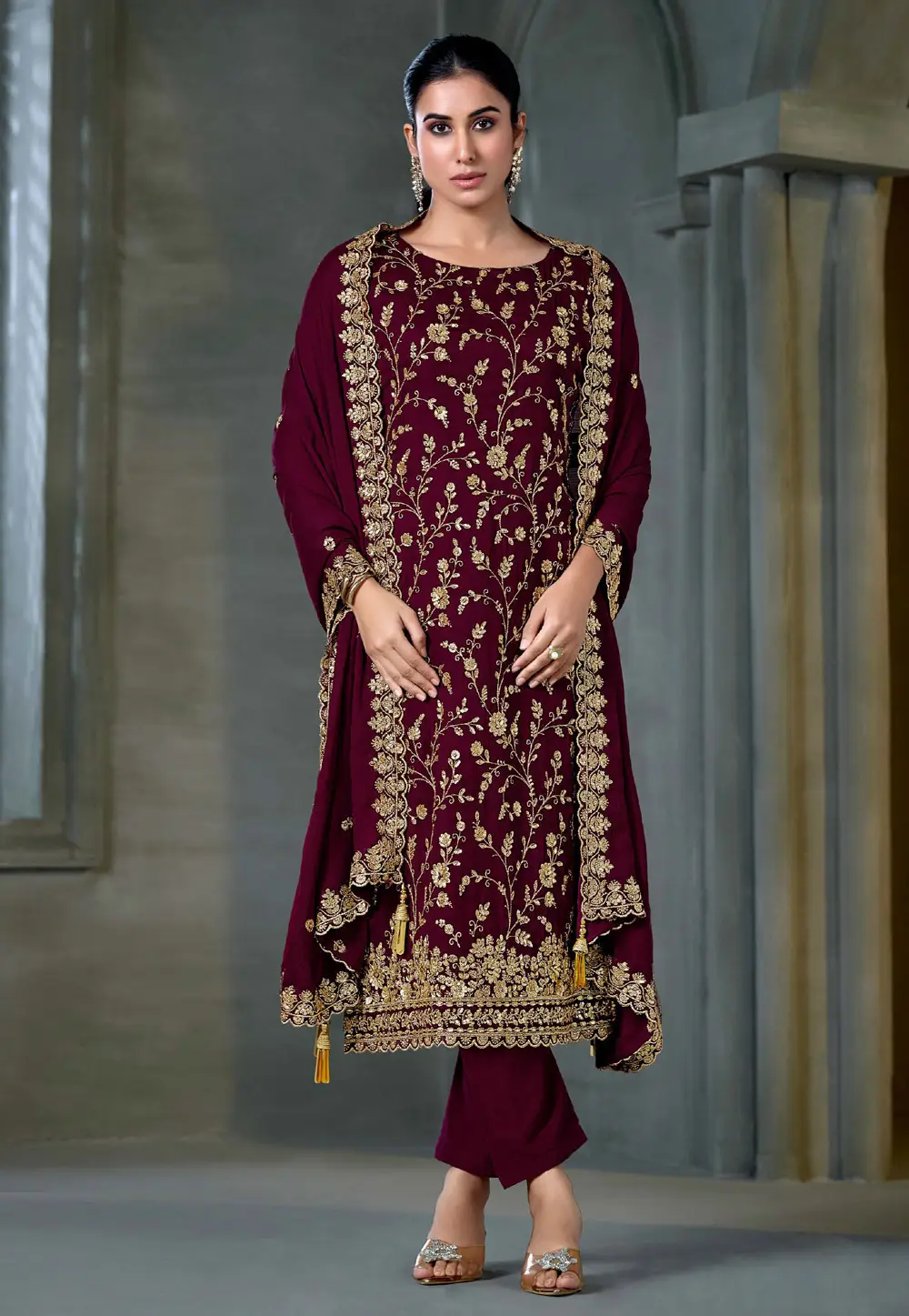 Wine Satin Chiffon Embroidered Pant Style Suit 336772