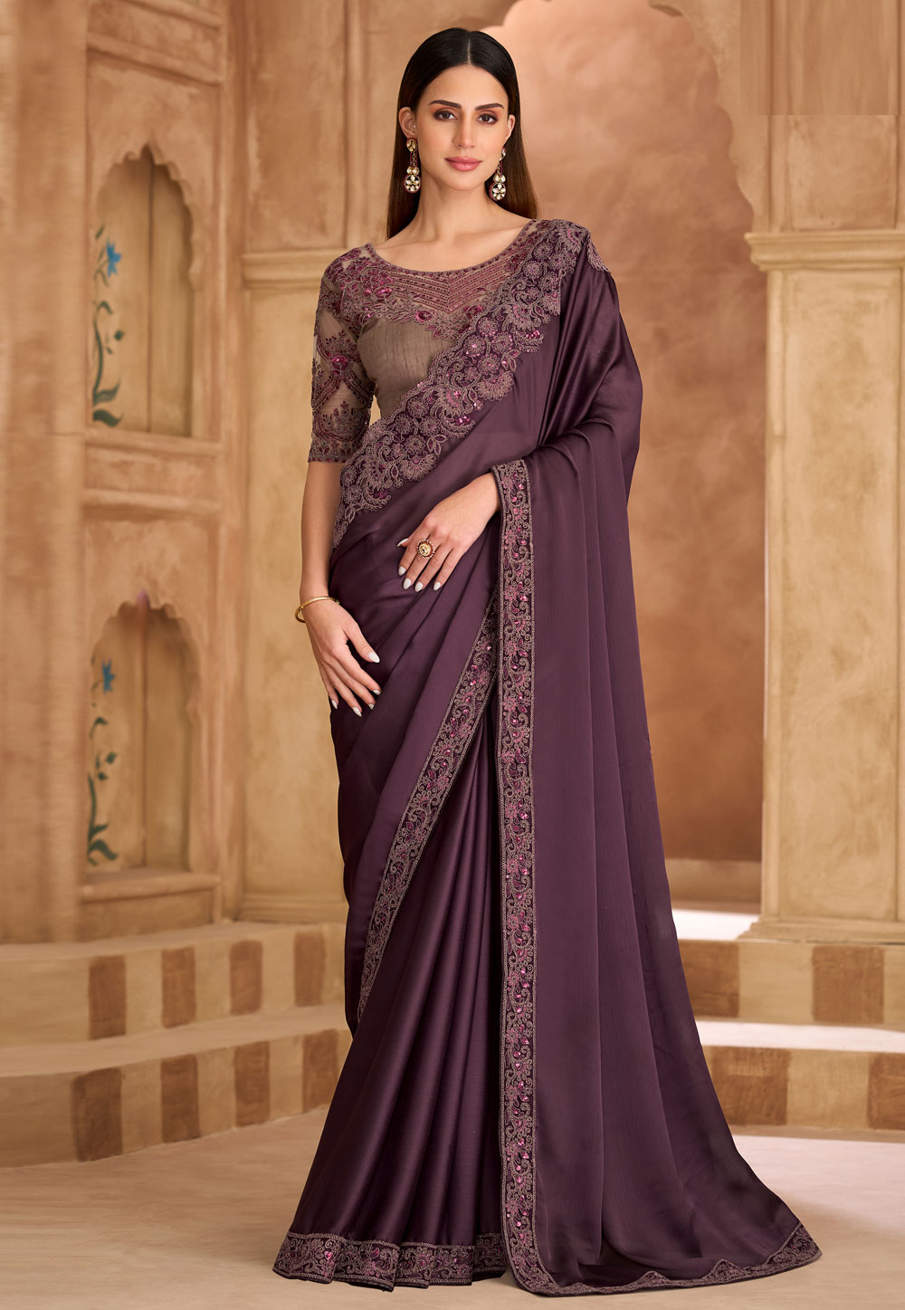 Wine Satin Chiffon Saree With Blouse 324691