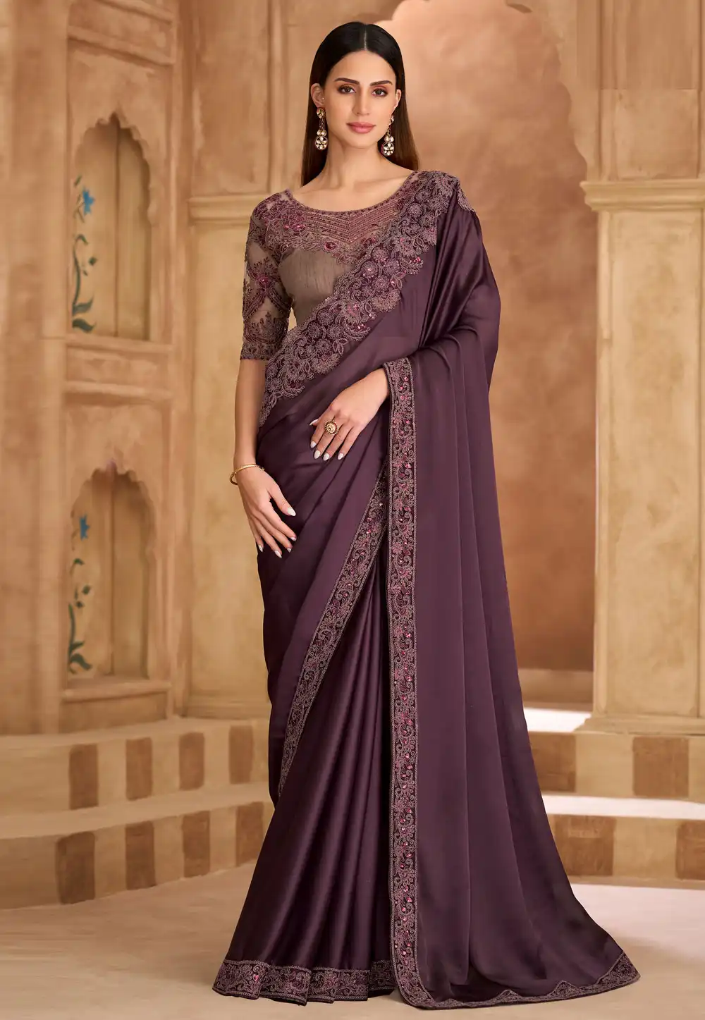 Wine Satin Chiffon Saree With Blouse 324691