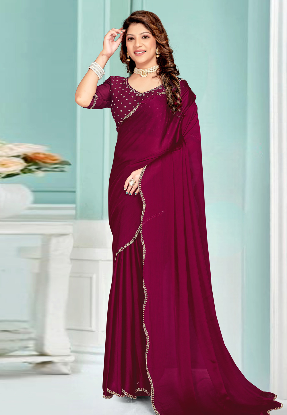 Wine Satin Chiffon Saree With Blouse 311613