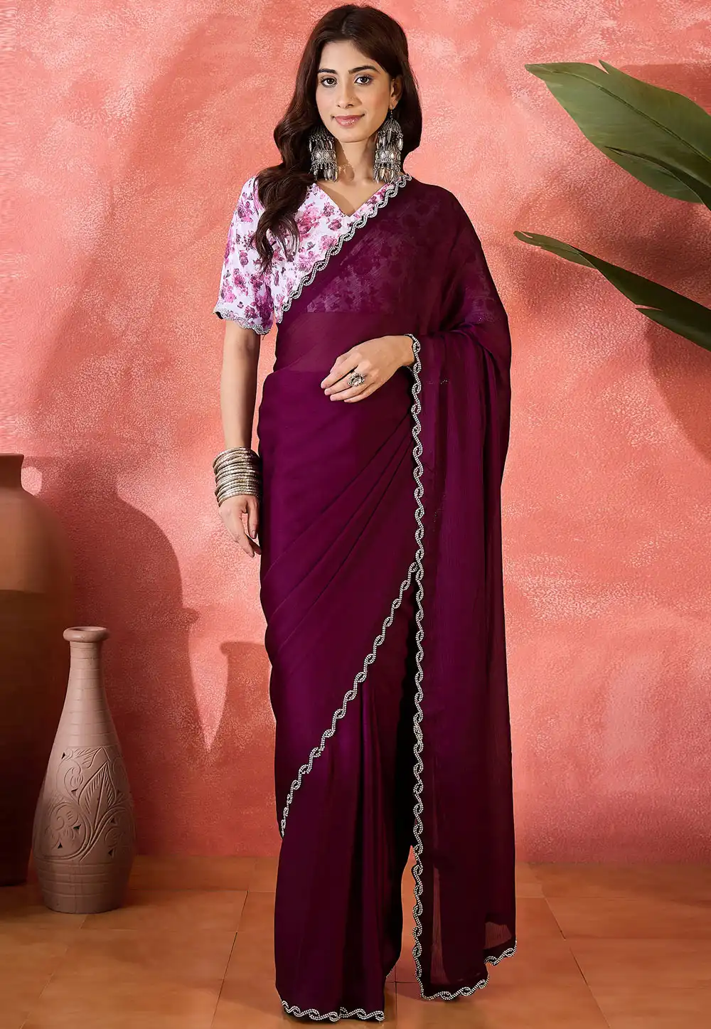 Wine Satin Chiffon Saree With Blouse 316728