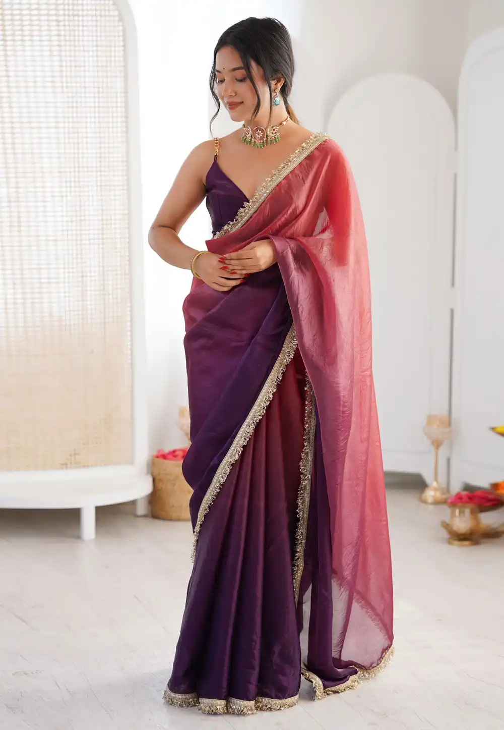 Wine Satin Half N Half Saree 330273