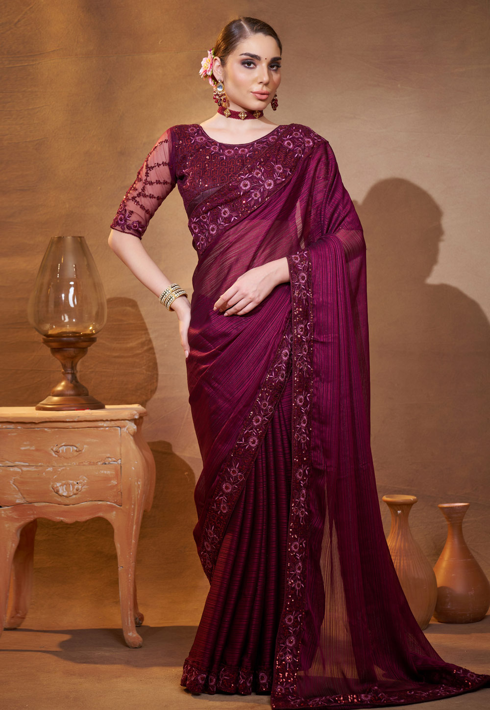 Wine Satin Jacquard Saree With Blouse 306949