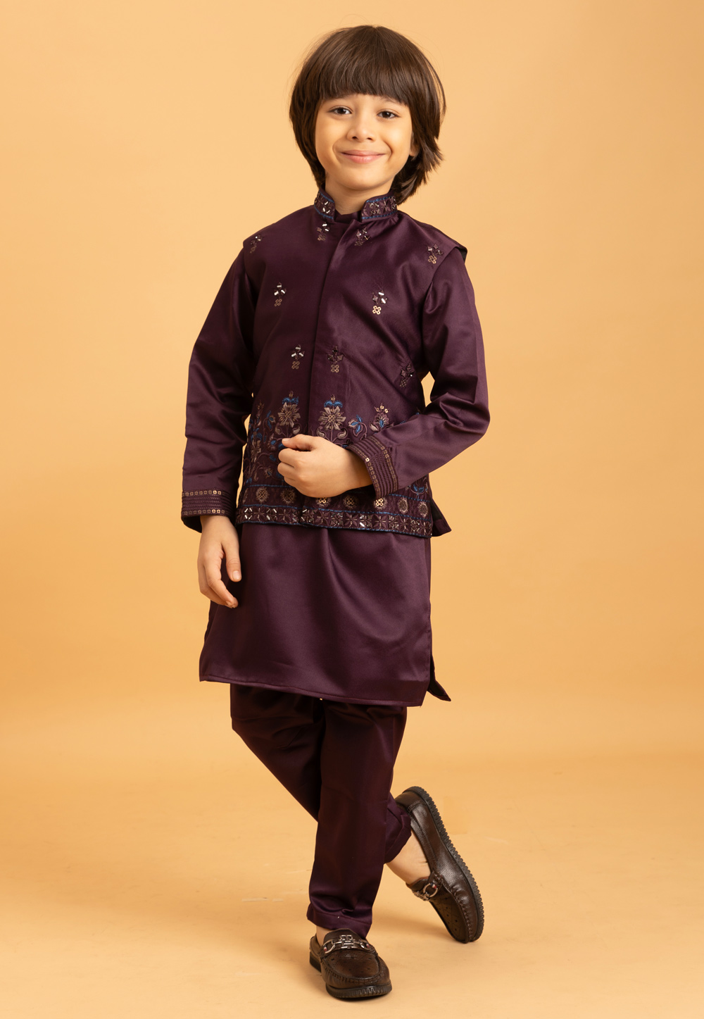 Wine Satin Kids Kurta Pajama With Jacket 319217