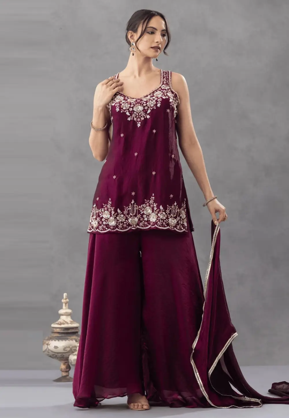 Wine Satin Readymade Pakistani Suit 332076