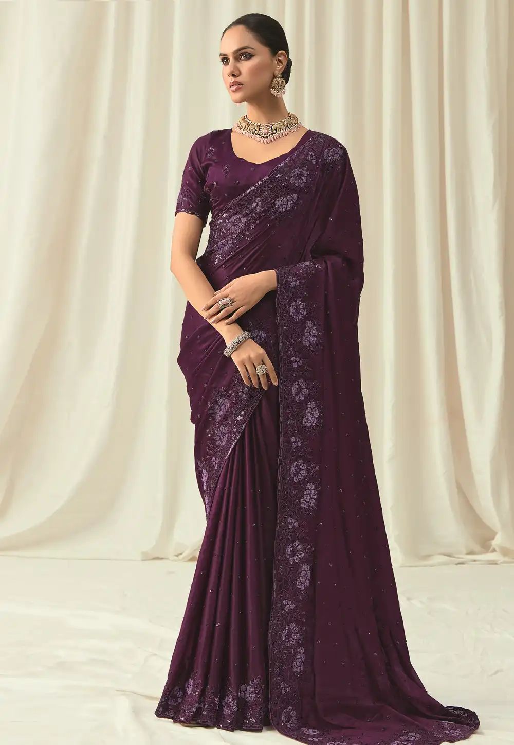 Wine Satin Saree With Blouse 315505