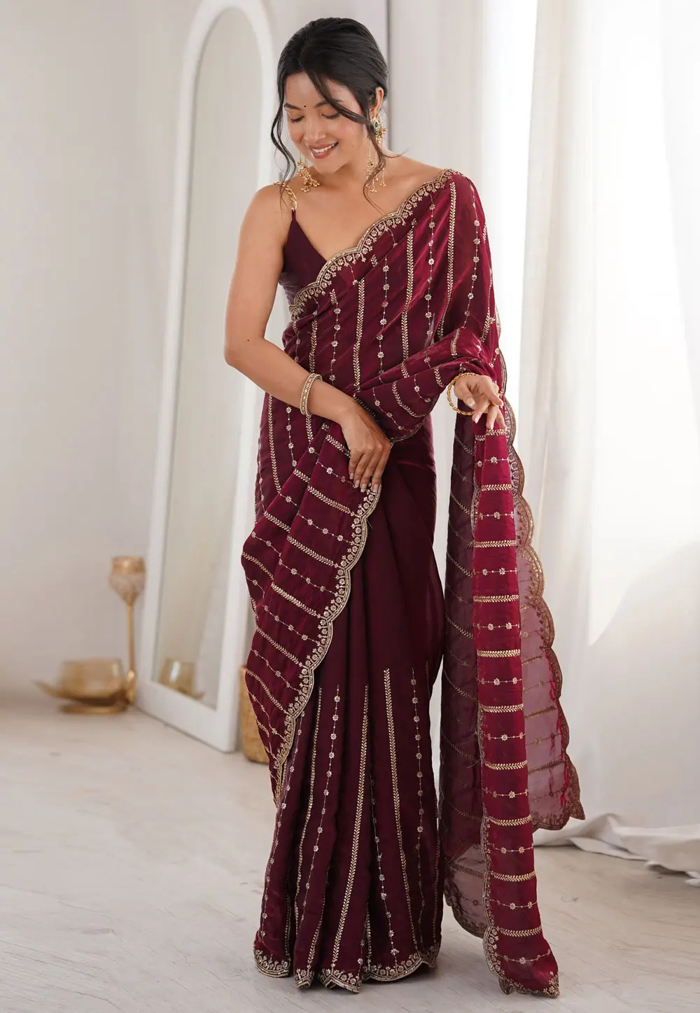 Wine Satin Saree With Blouse 331450