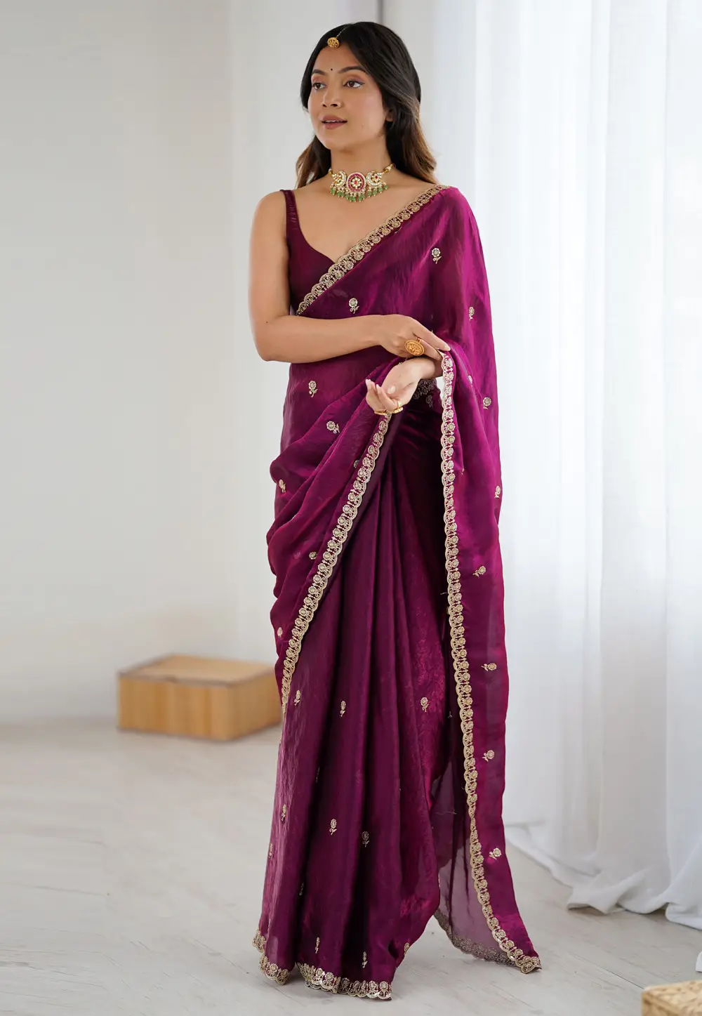 Wine Satin Saree With Blouse 332314